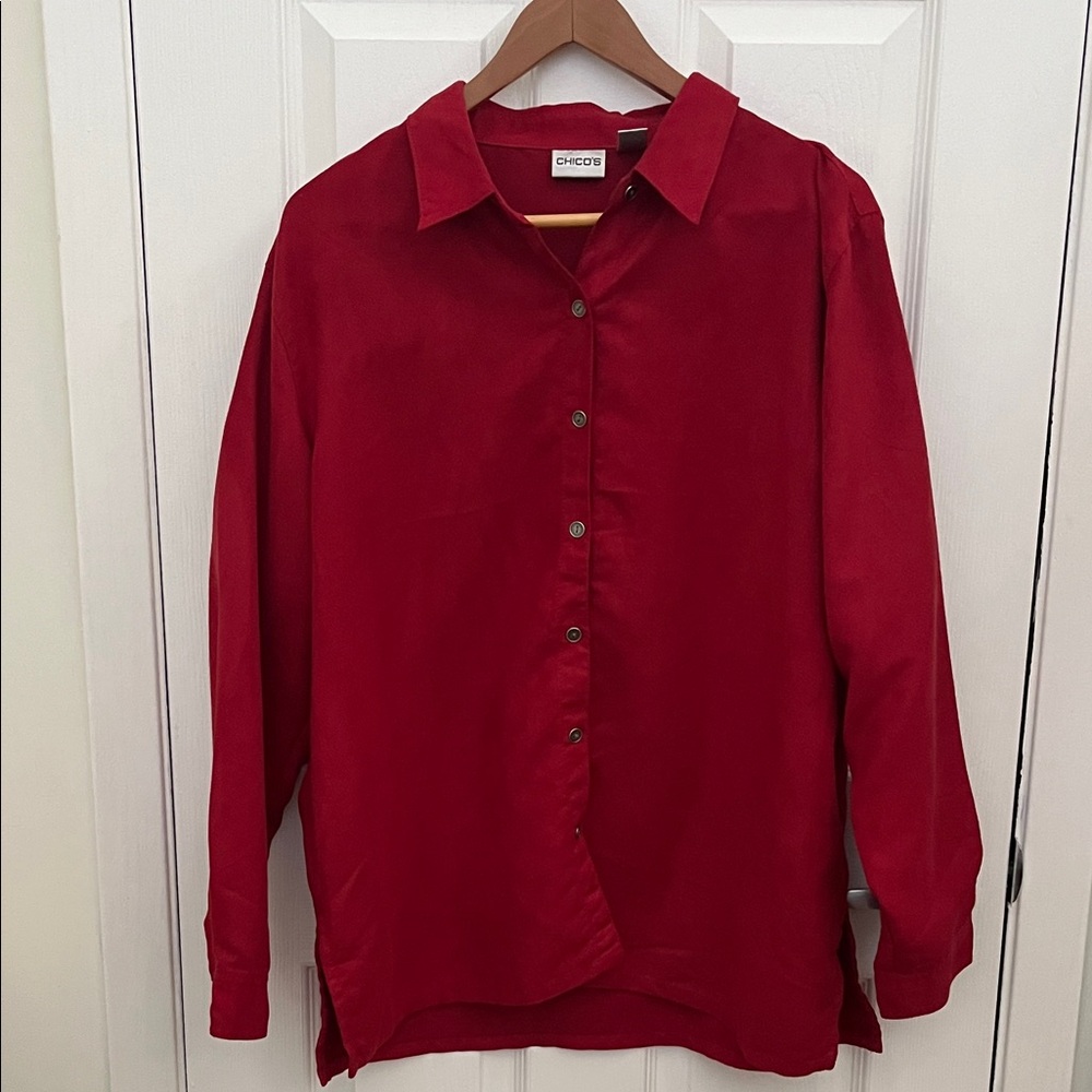 Chico's Cranberry Faux Suede Red Button Down Blouse Chicos size 3 - Picture 1 of 4